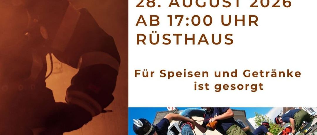 Plakat für eine Feuerwehrveranstaltung am 28. August 2026 mit einem Feuerwehrmann und einer Gruppe von Feuerwehrleuten in Aktion.