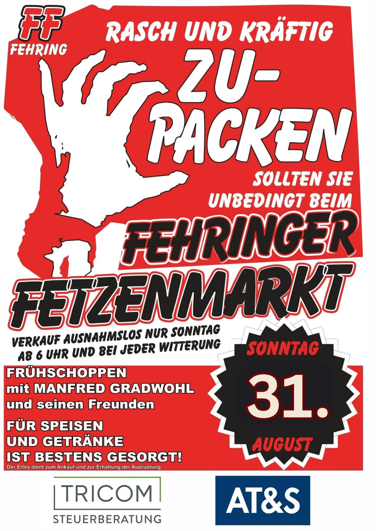 Plakat für den Fehringer Fettenmarkt am 31. August, Verkauf von Speisen und Getränken. Handabbildung in Rot und Weiß. Verkauf beginnt um 6 Uhr morgens.