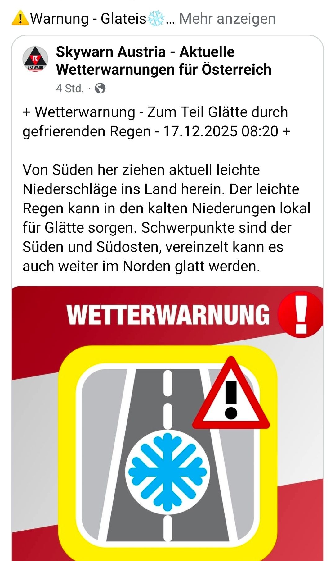 Wetterwarnung für gefährlich glatte Straßen durch gefrierenden Regen am 17.12.2025 um 08:20. Leichte Niederschläge aus dem Süden können zu Glätte führen. Besonders gefährdet sind der Süden und Südosten, aber auch der Norden kann betroffen sein.