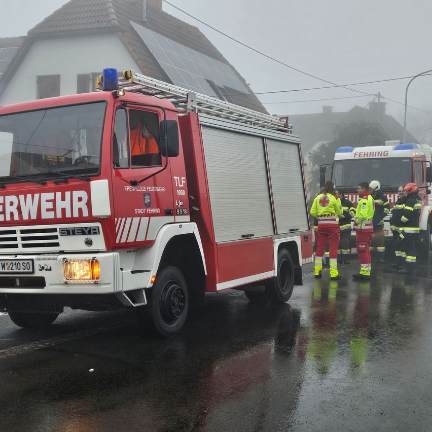 A red fire truck labeled 'Feuerwehr' is parked on a wet street. Firefighters are standing nearby in yellow and red uniforms. A solar panel is mounted on the roof of a house behind the truck.