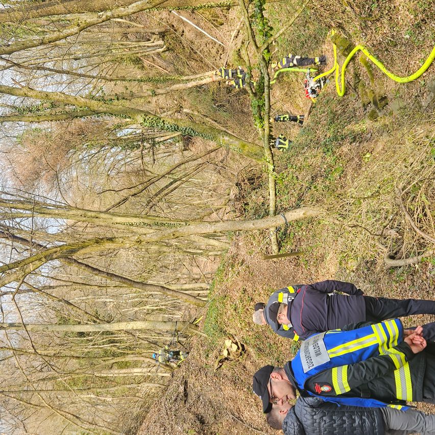 Rettungskräfte in reflektierenden Westen arbeiten an einem Hang mit einer gelben Schlange, umgeben von kahlen Bäumen.