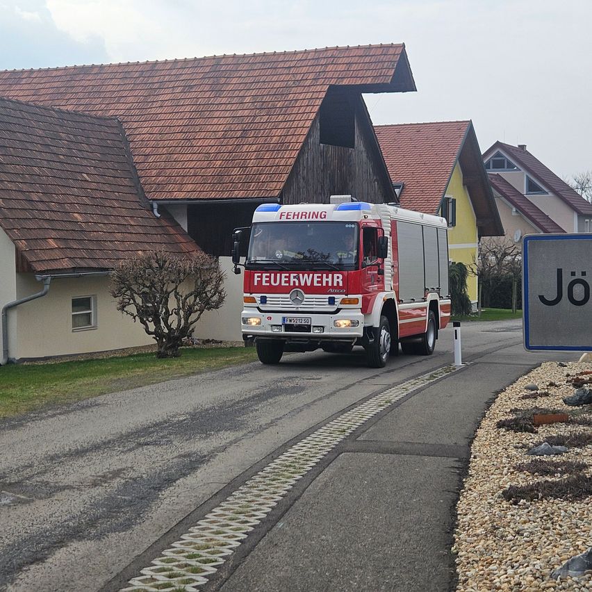 Ein roter Feuerwehrwagen fährt auf einer Straße vor einem Haus mit braunem Dach.