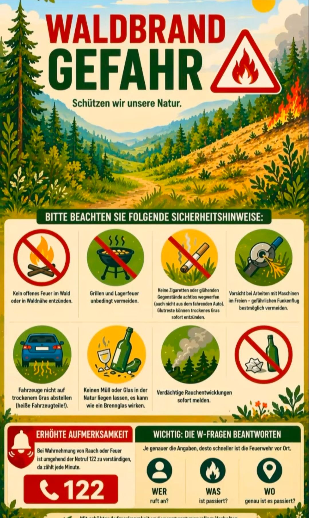 Das Bild zeigt ein Sicherheitsposter für einen Waldbereich. Es enthält Symbole von Verboten wie kein offenes Feuer, kein Rauchen und keine Grills. Es zeigt auch ein Auto mit der Warnung, nicht auf trockenem Gras zu parken.