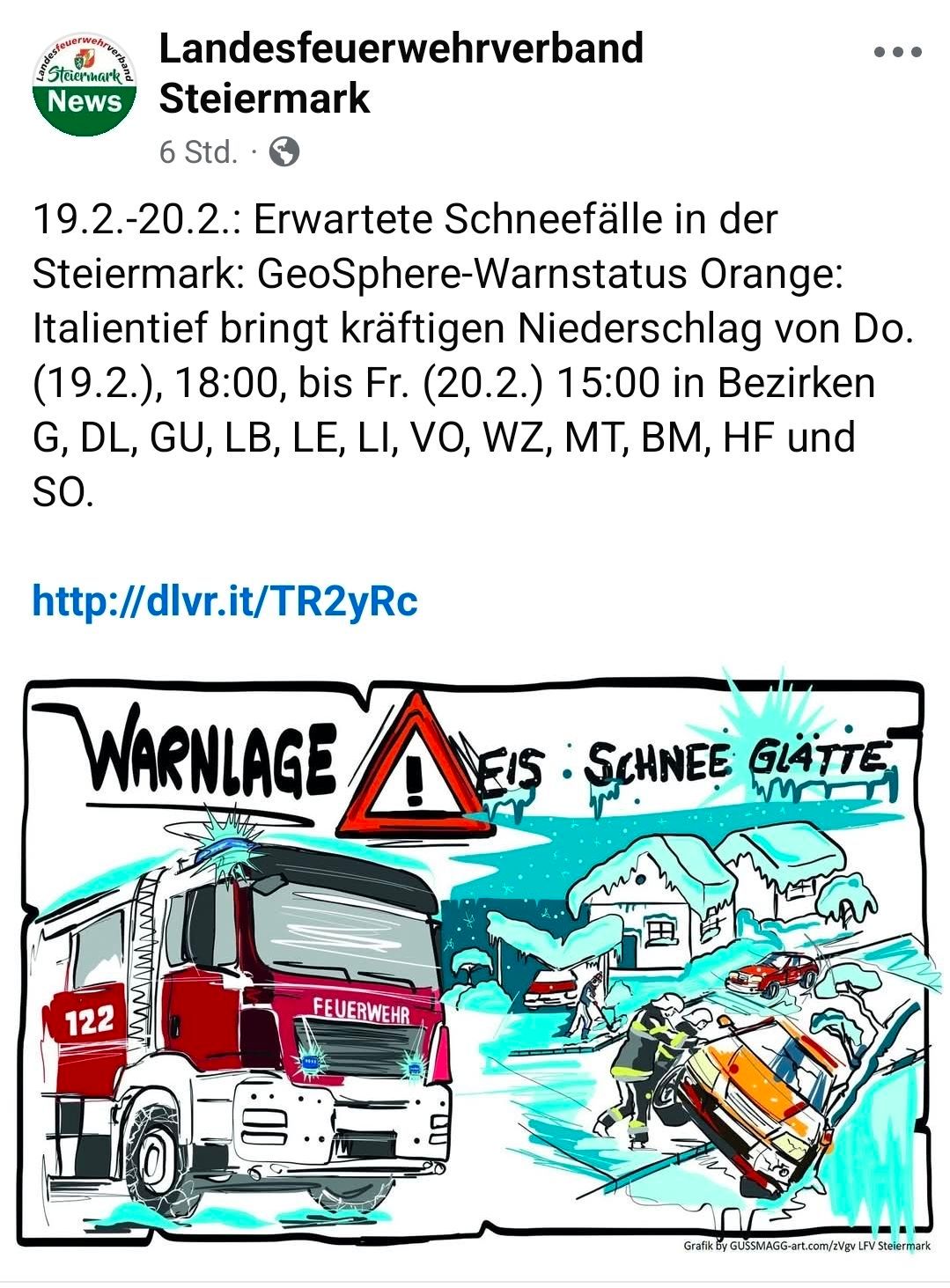 Ein Bild zeigt eine Karikatur eines Feuerwehrwagens, mit einem Feuerwehrmann, der auf Eis rutscht. Das Bild warnt vor eisglatter Schnee in der Steiermark-Region.