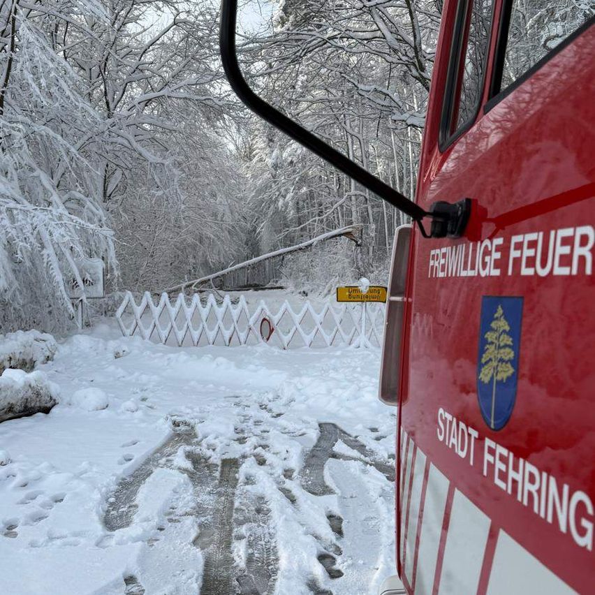 Ein Feuerwehrfahrzeug steht auf einer verschneiten Straße mit schneebedeckten Bäumen. An der Seite des Fahrzeugs steht 'Freiwillige Feuer' und 'Stadt Fehring.' Hinter dem Fahrzeug befindet sich ein weißer Zaun und ein gelbes Schild.