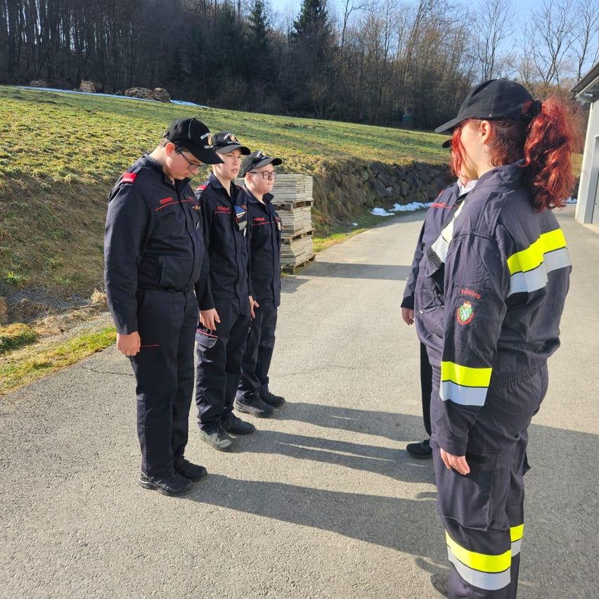 Fünf Feuerwehrleute in Uniform stehen auf einem Betonweg und blicken auf eine Wiese mit Bäumen und Holzscheiten. Eine Frau mit roten Haaren schaut sie an.