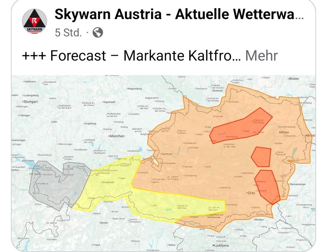 Karte von Österreich mit aktuellen Wetterbedingungen, Schwerpunkt München. Verschiedene Wetterphänomene sind farblich markiert.