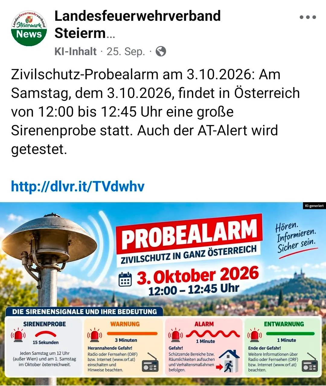 Eine Werbung für einen Zivilschutzalarm in Österreich, geplant für den 3. Oktober 2026, von 12:00 bis 12:45. Die Anzeige zeigt eine Straßenlaterne mit einer Sirene, einem Berg im Hintergrund und Symbolen für verschiedene Alarmsignale.