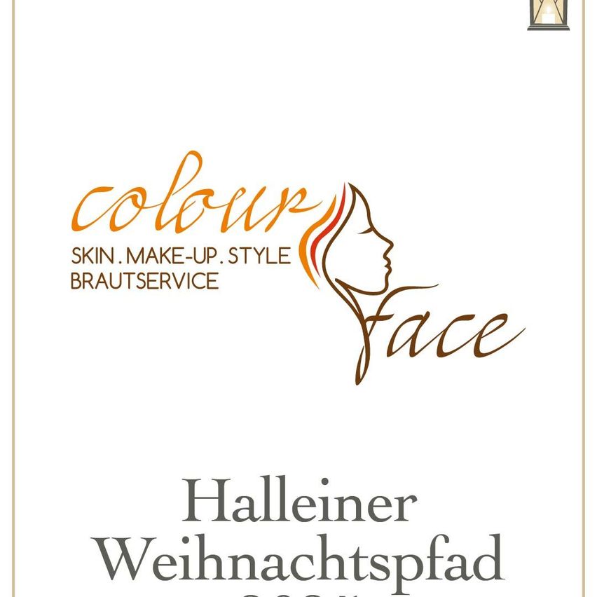 Die Werbung zeigt ein Logo mit 'colour face' und Dienstleistungen wie Haut, Make-up, Stil und Brautservice. Darunter befindet sich ein Frauenprofil. Es steht 'Halleiner Weihnachtspfad'.
