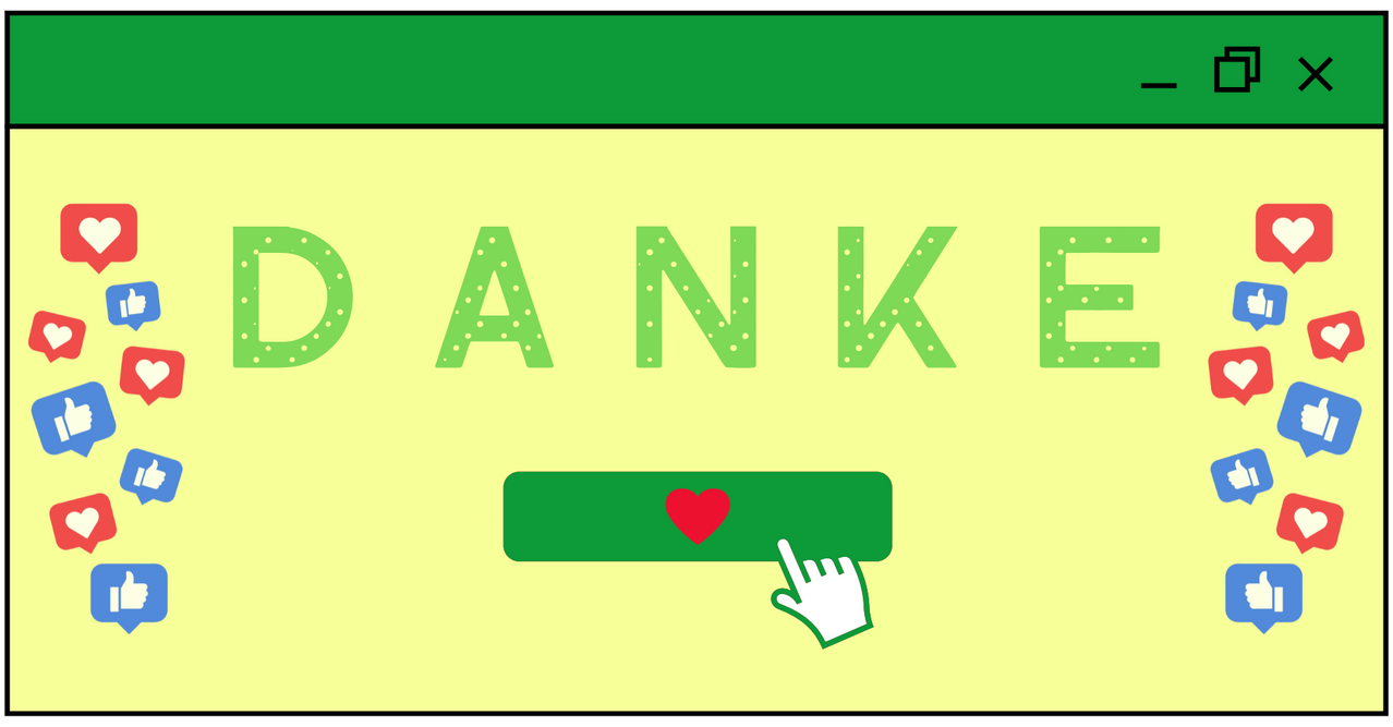 Das Wort 'BANK' ist prominent in Grün mit Punkten dargestellt. Darunter ist ein Herz in einem grünen Rechteck mit grünem Rand zu sehen. Eine Hand zeigt auf das Rechteck.