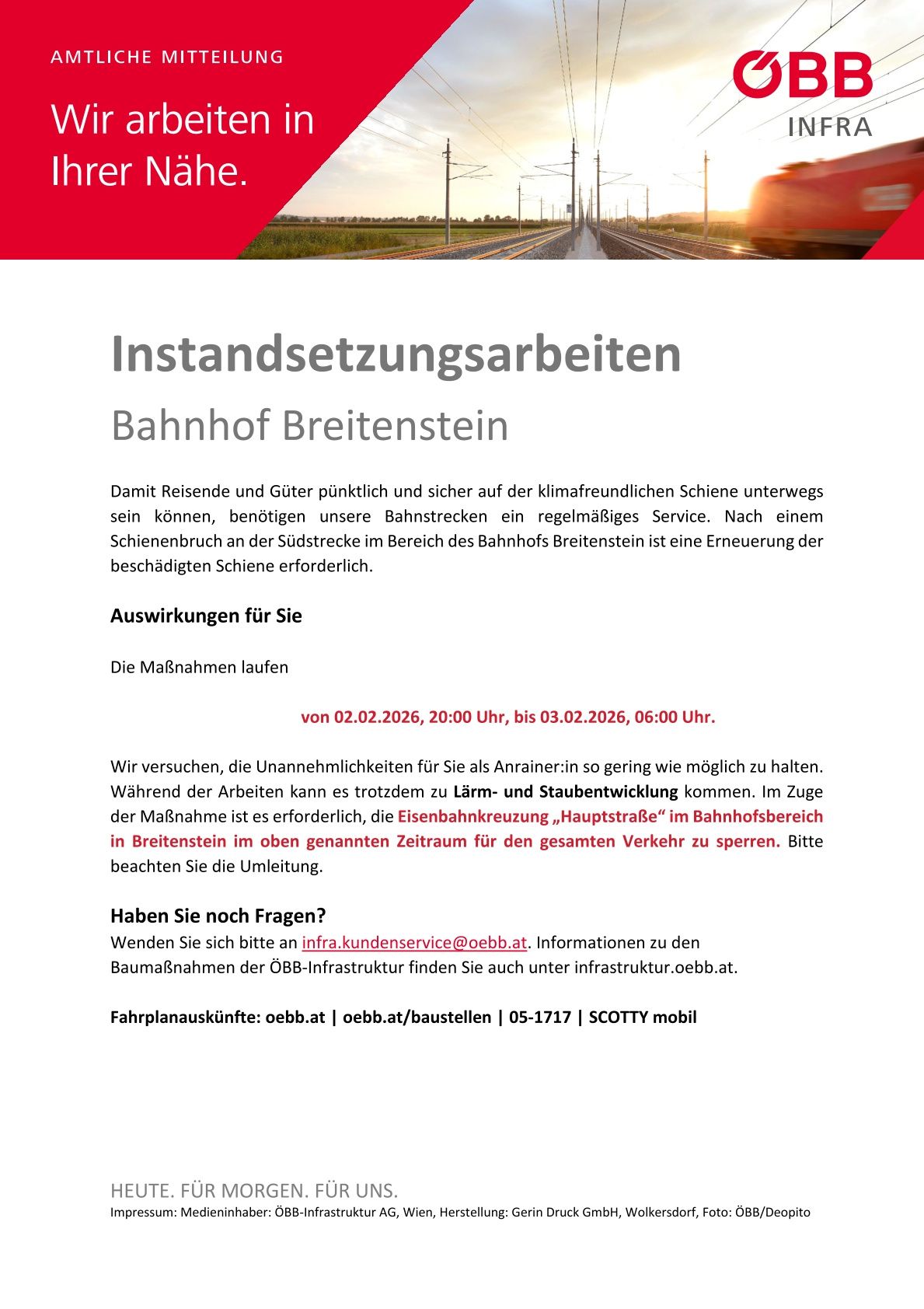 Ein Wartungshinweis für den Bahnhof Breitenstein. Erneuerung beschädigter Gleise ist erforderlich. Beginn am 2.02.2026, 20:00 Uhr, Ende am 3.02.2026, 6:00 Uhr. Wenden Sie sich für Fragen an infra.kundenservice@oebb.at.