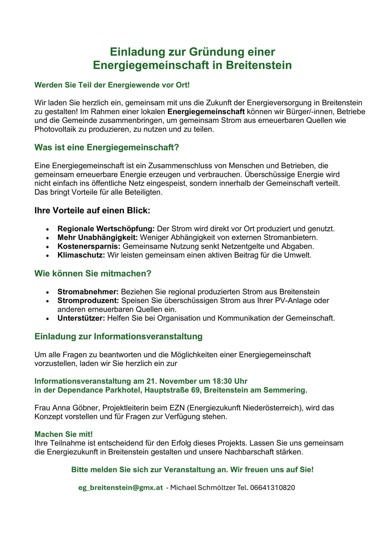 Eine Einladung zur Informationsveranstaltung über die Teilnahme an einer Energiegemeinschaft in Breitenstein. Es werden die Vorteile wie regionale Energieproduktion und Kosteneinsparungen vorgestellt. Die Veranstaltung findet am 21. November um 18:30 in der Dependance Parkhotel statt.