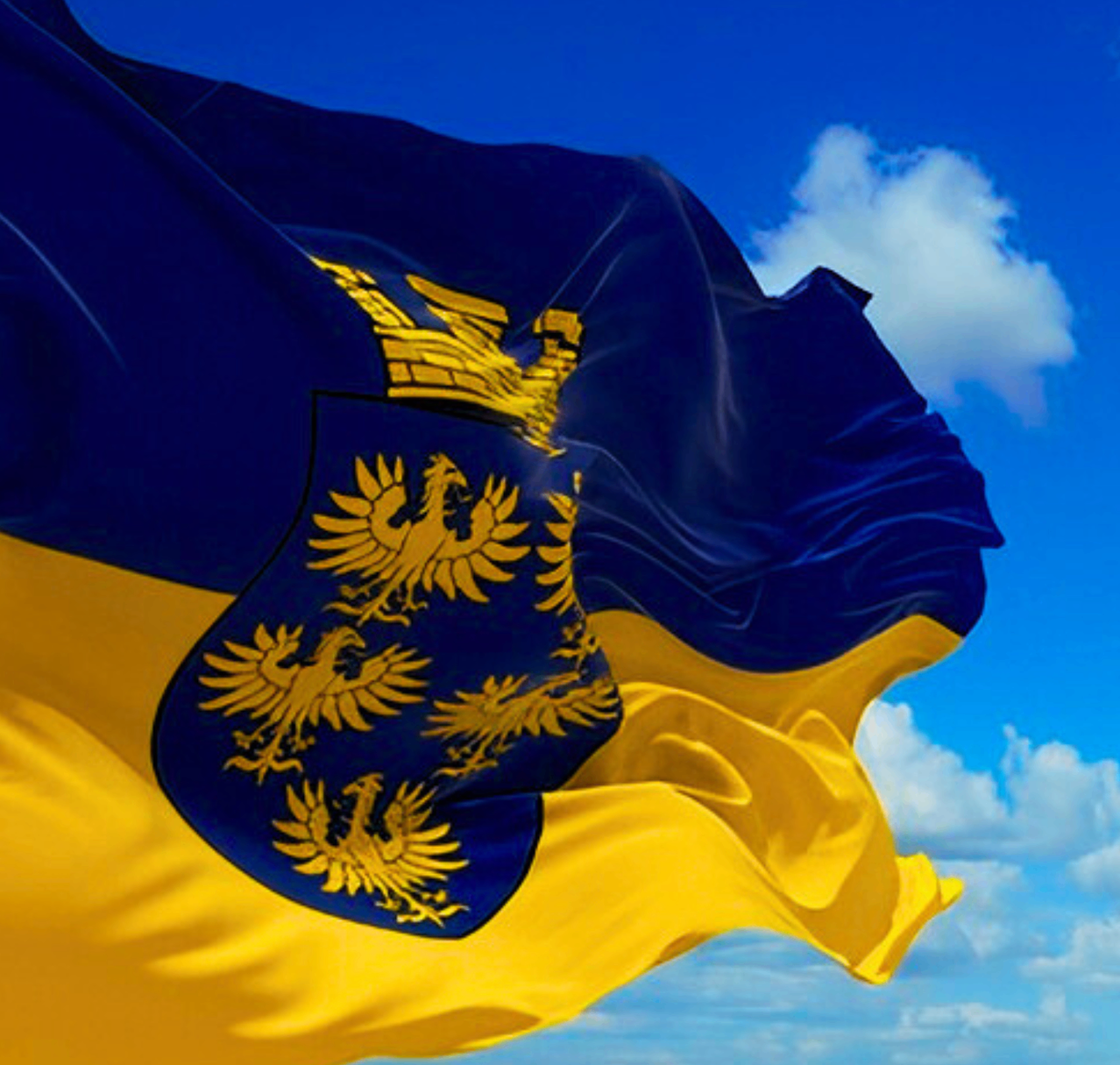 Eine wehende Flagge mit blauem Hintergrund und einem goldenen Adlerwappen darauf, unter einem klaren blauen Himmel mit einigen Wolken.