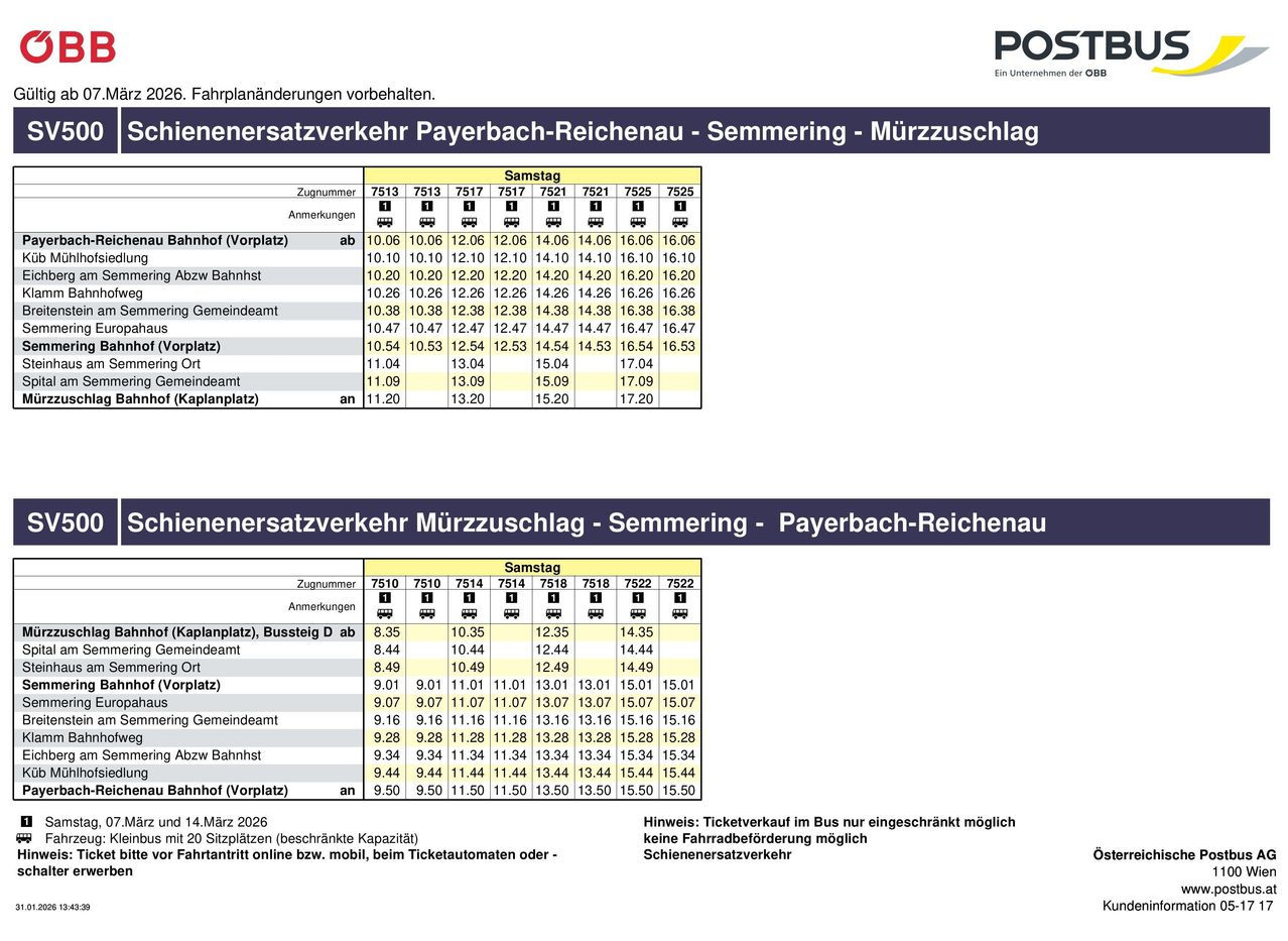 Zwei Tabellen zeigen Zugfahrpläne für zwei Routen, einschließlich Abfahrtszeiten, Zielbahnhöfe und Tarifzonen. Die erste Tabelle listet Ziele von Payerbach-Reichenau nach Semmering auf, mit Zeiten von 10:06 bis 17:20. Die zweite Tabelle listet Ziele von Semmering nach Payerbach-Reichenau auf, mit Zeiten von 8:35 bis 15:54. Beide Tabellen enthalten einen Haftungsausschluss zu Ticketverkäufen und Fahrradbeschränkungen.