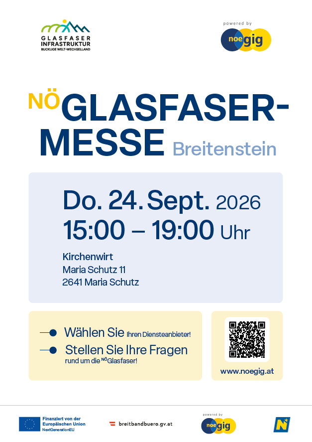 Plakat für die Nö Glasfaser-Messe Veranstaltung am 24. September 2026 von 15:00 bis 19:00 Uhr in der Maria Schutz Kirche, Breitenstein. Es enthält einen QR-Code für weitere Informationen und einen Aufruf, Dienstleister auszuwählen und Fragen rund um die Glasfaser zu stellen.