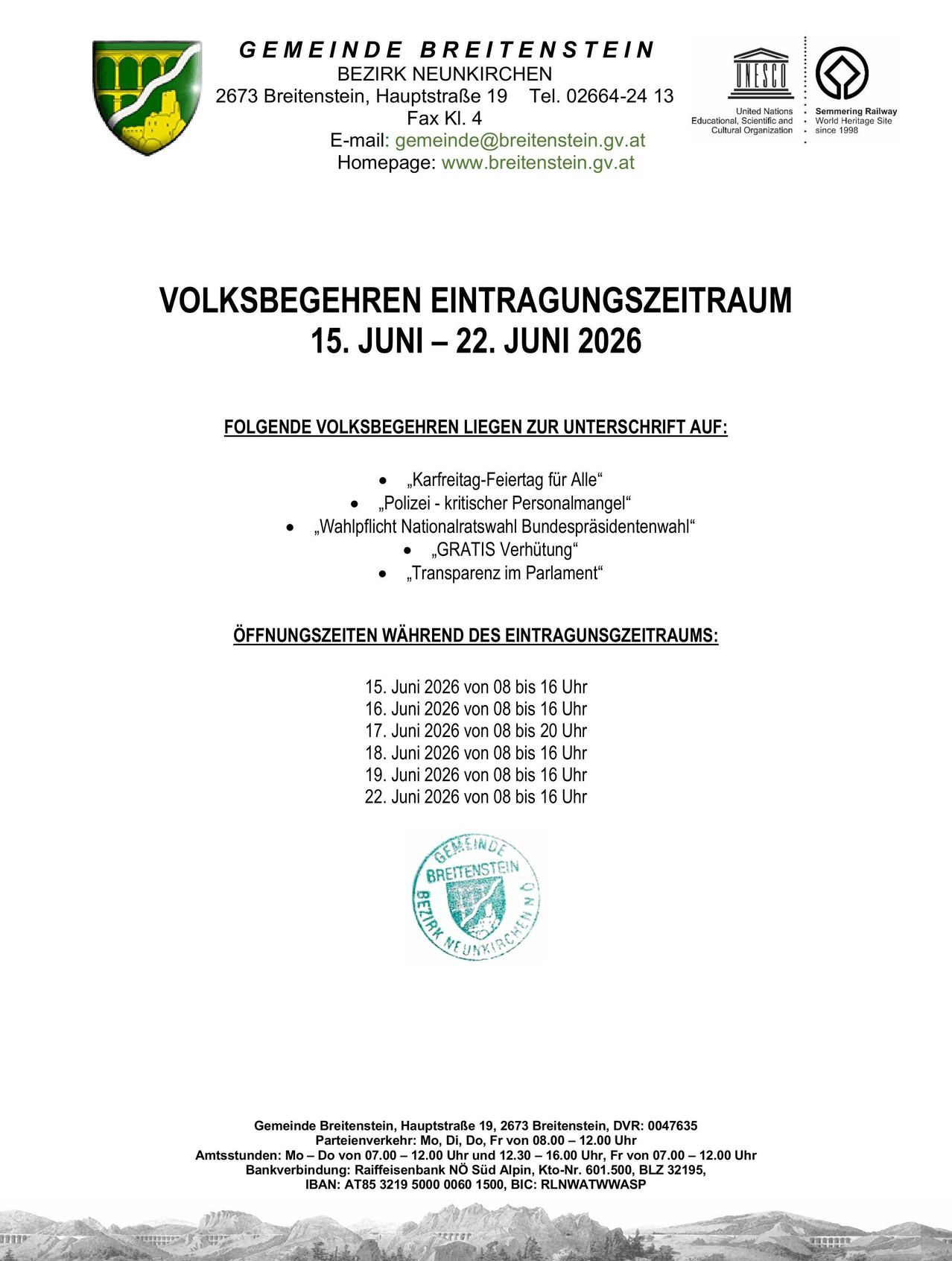 Dokument kündigt Volksbegehren-Registrierungszeitraum vom 15. Juni bis 22. Juni 2026 an. Listet spezifische Volksbegehren auf, die Unterschriften erfordern. Öffnungszeiten für den Registrierungszeitraum aufgeführt.
