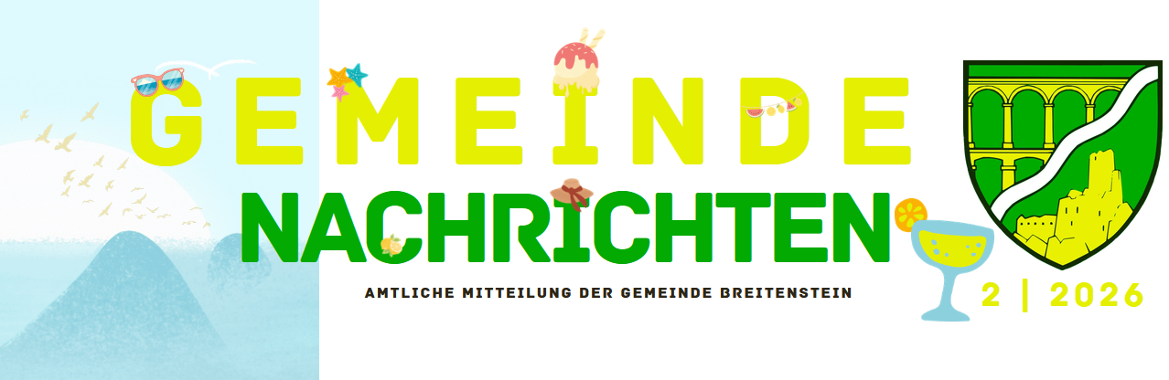 Ein Plakat mit dem Text 'Meinde Nachrichten' in fetten gelben und grünen Buchstaben. Darunter steht 'Amtliche Mitteilung der Gemeinde Breitenstein'. Einige Illustrationen von Eiscreme und Sternen sind ebenfalls vorhanden.