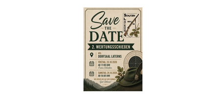 Plakat für eine Schießveranstaltung, 'Save the Date', mit einer Waffe und einem Hut mit Feder. Daten und Zeiten für die Veranstaltung sind aufgeführt.