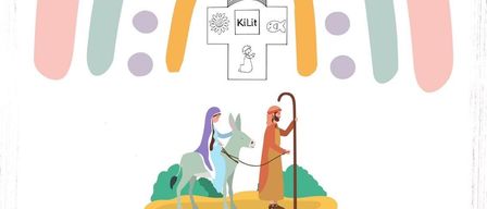 Illustration einer religiösen Szene mit einem Regenbogen, einem Kreuz und einer Person, die ein Esel mit einer Frau, die darauf reitet, führt. Unten steht der Text 'Kindertituregiemesse'.