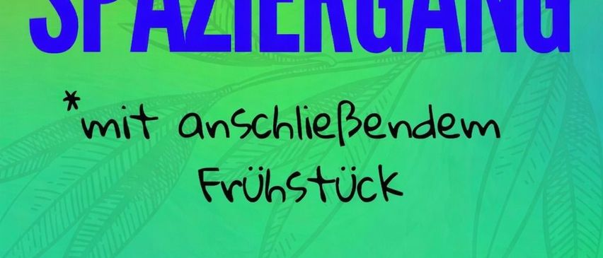Grünes Plakat für einen Spaziergang am 5. April um 6:00 Uhr mit anschließendem Frühstück. Mit Cannabis-Blättern und Logo.