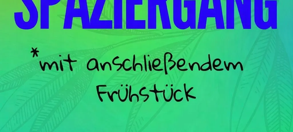 Grünes Plakat für einen Spaziergang am 5. April um 6:00 Uhr mit anschließendem Frühstück. Mit Cannabis-Blättern und Logo.