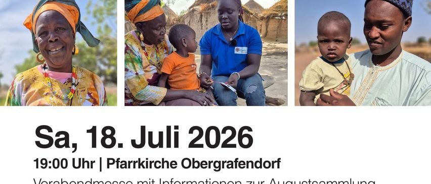 Plakat mit 'Aufwind' in großen weißen Buchstaben. Drei Bilder von Menschen mit Kindern. Datum 18. Juli 2026, Zeit 19:00, Ort Pfarkirche Obergrafendorf. Kurzer Film über den Klimawandel im Senegal.