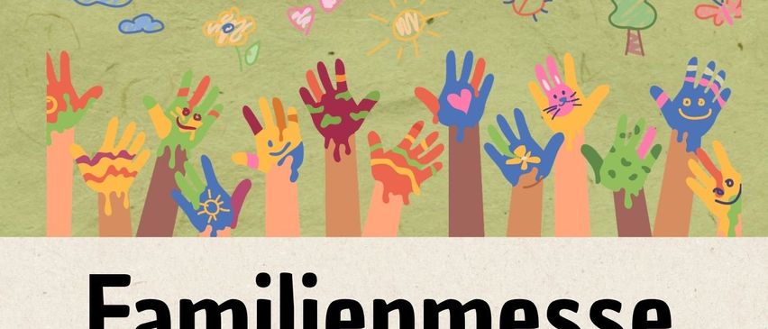 Plakat für Familienmesse-Veranstaltung am 27.09.2026 um 10:00 Uhr, mit farbenfrohen Handillustrationen und einer Kirche.