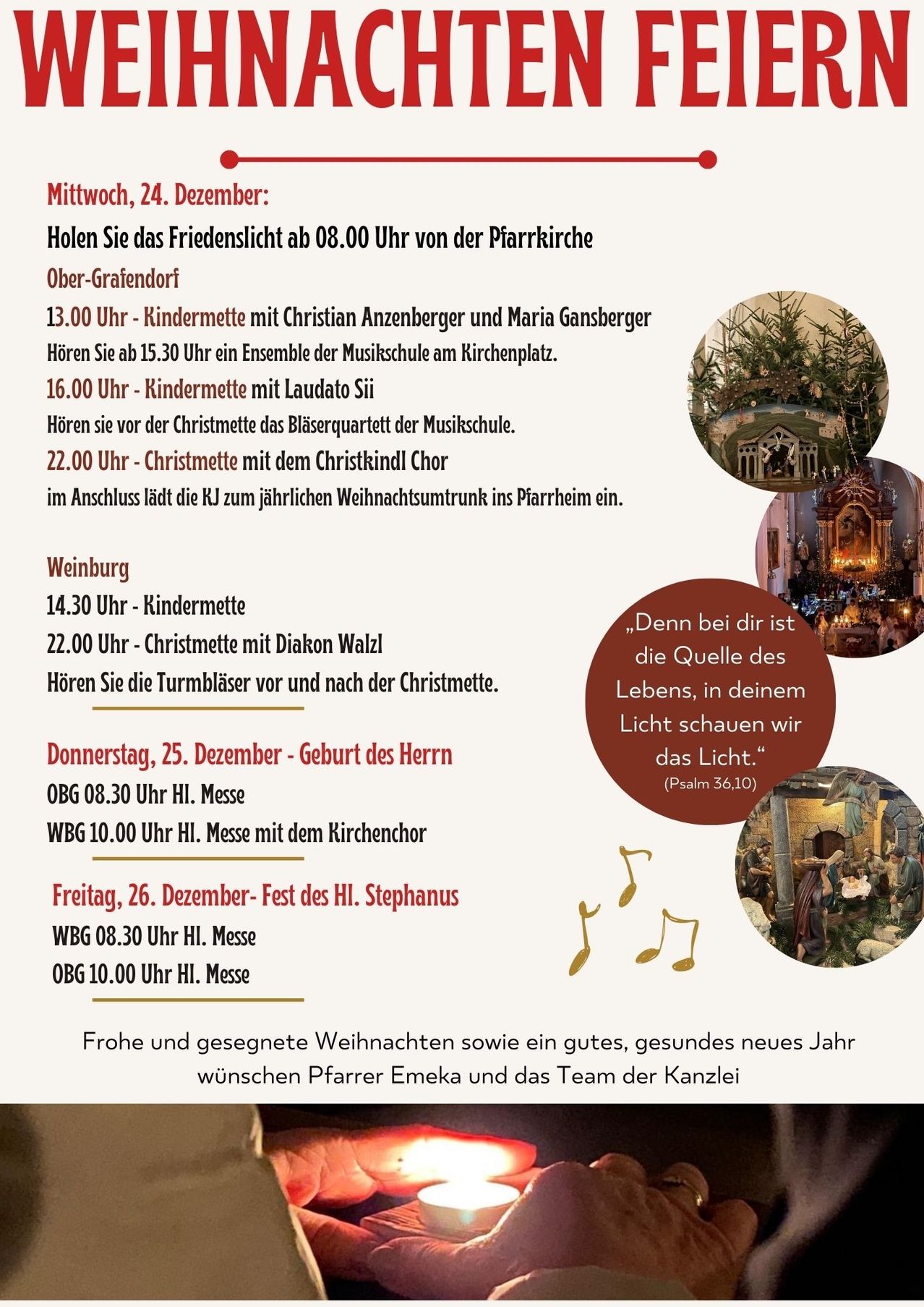 Ein Bild eines Feiertagsplans für Weihnachtsveranstaltungen. Zeiten und Orte für verschiedene Messen und Konzerte sind aufgeführt. Ein Zitat aus Psalm 36:10 ist enthalten.