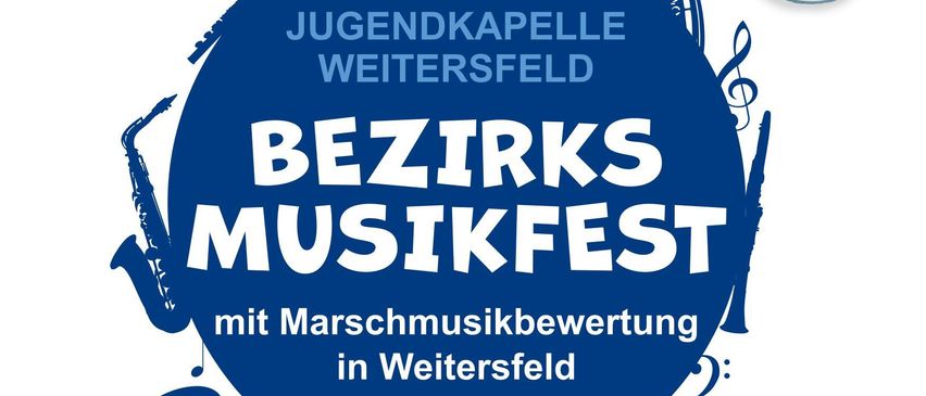Plakat für Bezirks Musikfest mit Marschmusikbewertung in Weitersfeld. Termine: Sa, 06.09.2025 und So, 07.09.2025. Programm umfasst Märsche, Musikaufführungen und Partys.