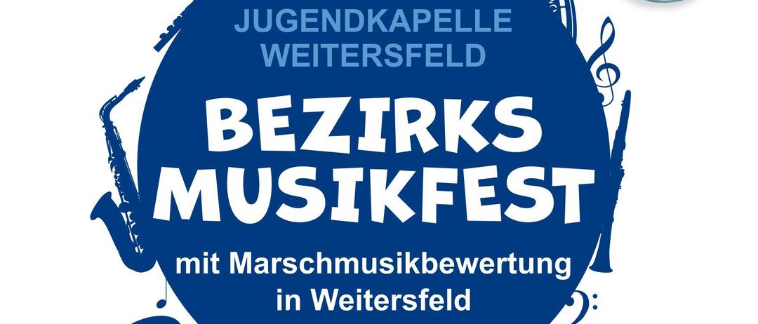 Plakat für Bezirks Musikfest mit Marschmusikbewertung in Weitersfeld. Termine: Sa, 06.09.2025 und So, 07.09.2025. Programm umfasst Märsche, Musikaufführungen und Partys.
