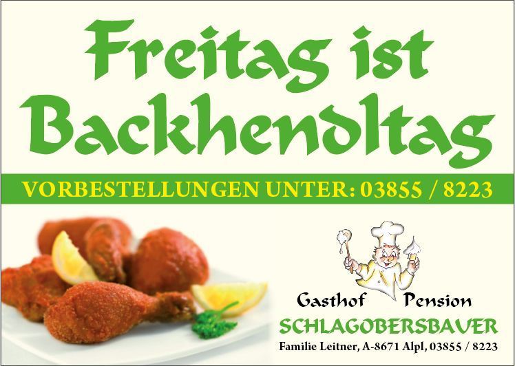 Eine Werbung für Gasthof Pension Schlagobersbaver mit einem Koch, gebratenem Hähnchen und einer Zitronenscheibe. Reservierungen können unter 03855/8223 vorgenommen werden.