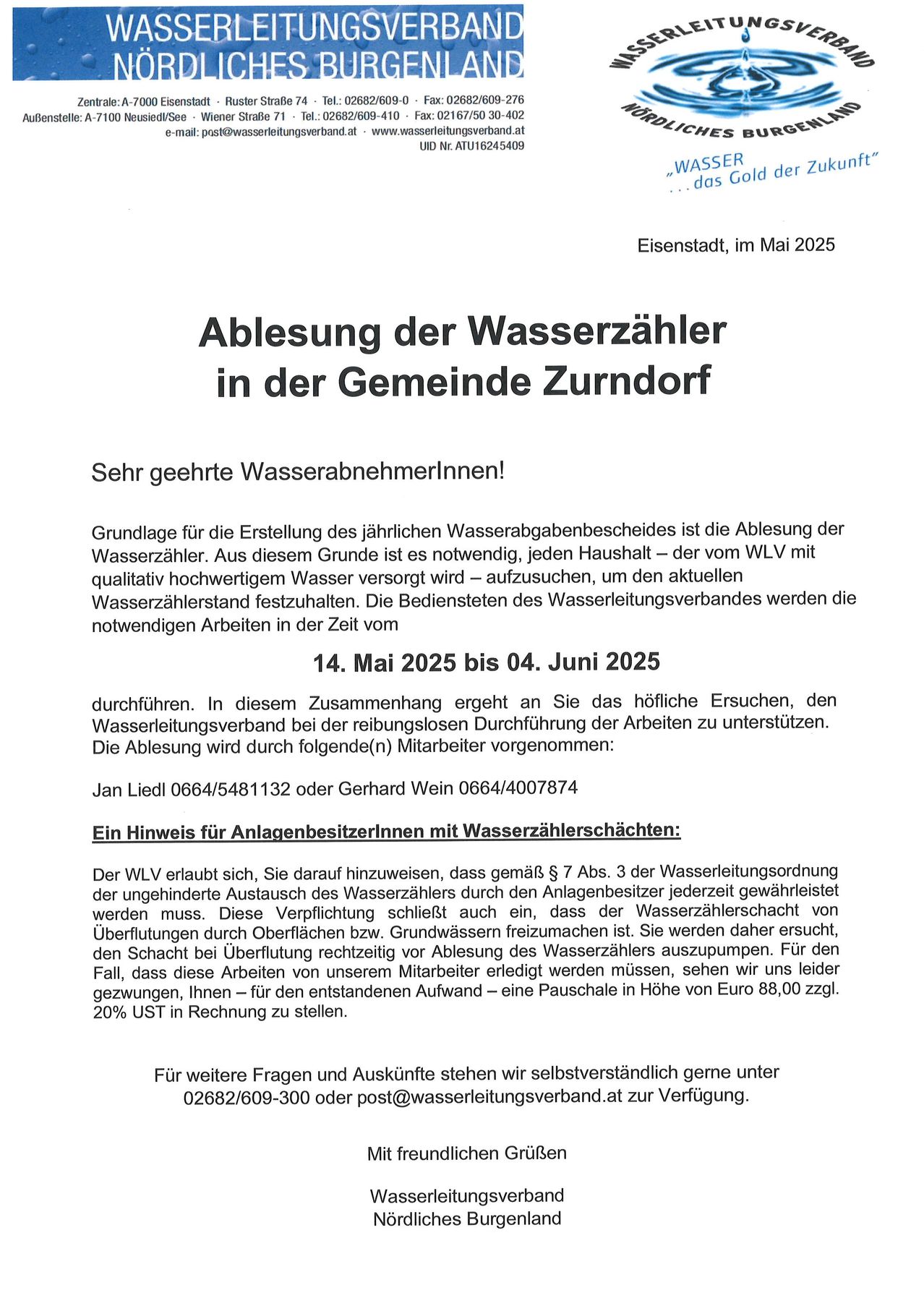 Ein Dokument vom Mai 2025 aus Eisenstadt informiert über die Ablesung der Wasserzähler in der Gemeinde Zurndorf. Es erklärt die Notwendigkeit der jährlichen Ablesung der Wasserzähler für die Abrechnung. Die Ablesungen sind vom 14. Mai 2025 bis 4. Juni 2025 geplant. Das Dokument enthält auch Kontaktdaten für Rückfragen.