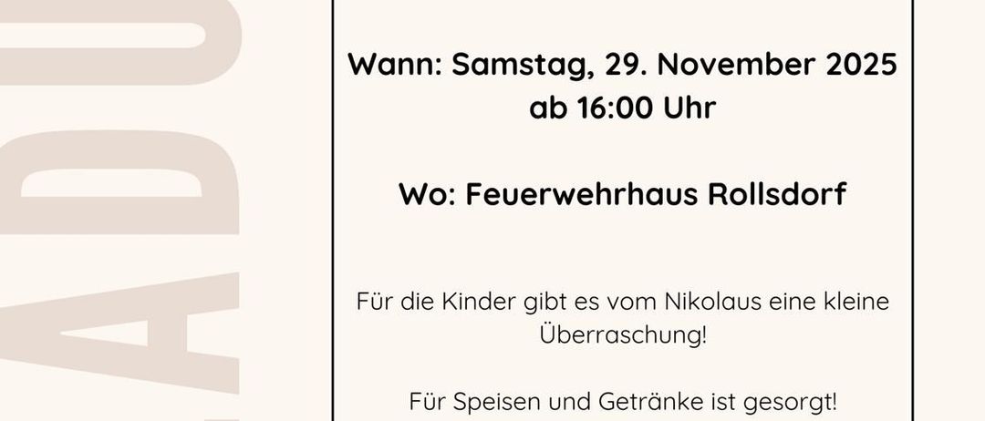 Poster für den jährlichen Krampusmarkt der Freiwilligen Feuerwehr Rollsdorf. Veranstaltungsdatum: Samstag, 29. November 2025, Beginn um 16:00 Uhr. Ort: Feuerwehrhaus Rollsdorf. Eine kleine Überraschung von Nikolaus für Kinder. Essen und Getränke sind vorhanden. Die Feuerwehr Rollsdorf freut sich auf Ihren Besuch.