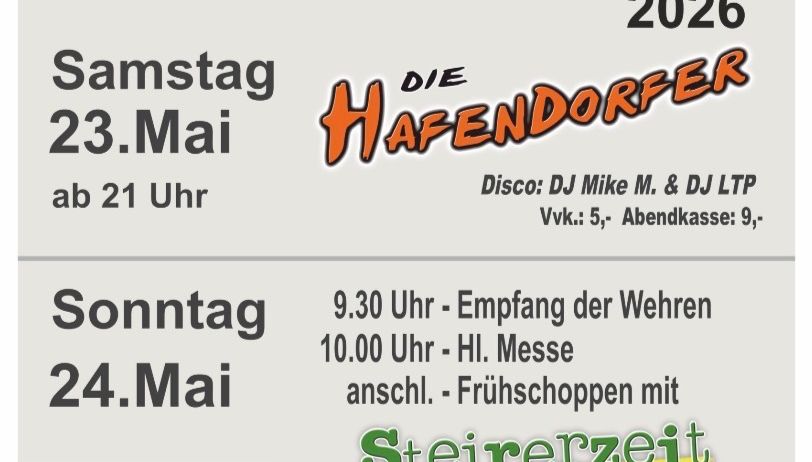 Rollsdorf 2026 Plakat mit einer Veranstaltung am 23. Mai ab 21 Uhr, veranstaltet von Hafendorfer mit DJs Mike M und DJ LTP. Der Eintritt beträgt 5 Euro und die Abendkarten 9 Euro. Am 24. Mai gibt es einen Empfang für die Wehre um 9:30 Uhr und eine Hochmesse um 10:00 Uhr, gefolgt von einem Frühstück mit Obst. Sponsoren sind Apfelland Energie und Kulmer.