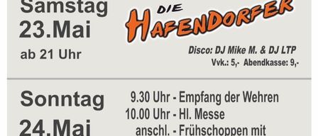 Rollsdorf 2026 Plakat mit einer Veranstaltung am 23. Mai ab 21 Uhr, veranstaltet von Hafendorfer mit DJs Mike M und DJ LTP. Der Eintritt beträgt 5 Euro und die Abendkarten 9 Euro. Am 24. Mai gibt es einen Empfang für die Wehre um 9:30 Uhr und eine Hochmesse um 10:00 Uhr, gefolgt von einem Frühstück mit Obst. Sponsoren sind Apfelland Energie und Kulmer.