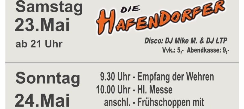 Rollsdorf 2026 Plakat mit einer Veranstaltung am 23. Mai ab 21 Uhr, veranstaltet von Hafendorfer mit DJs Mike M und DJ LTP. Der Eintritt beträgt 5 Euro und die Abendkarten 9 Euro. Am 24. Mai gibt es einen Empfang für die Wehre um 9:30 Uhr und eine Hochmesse um 10:00 Uhr, gefolgt von einem Frühstück mit Obst. Sponsoren sind Apfelland Energie und Kulmer.