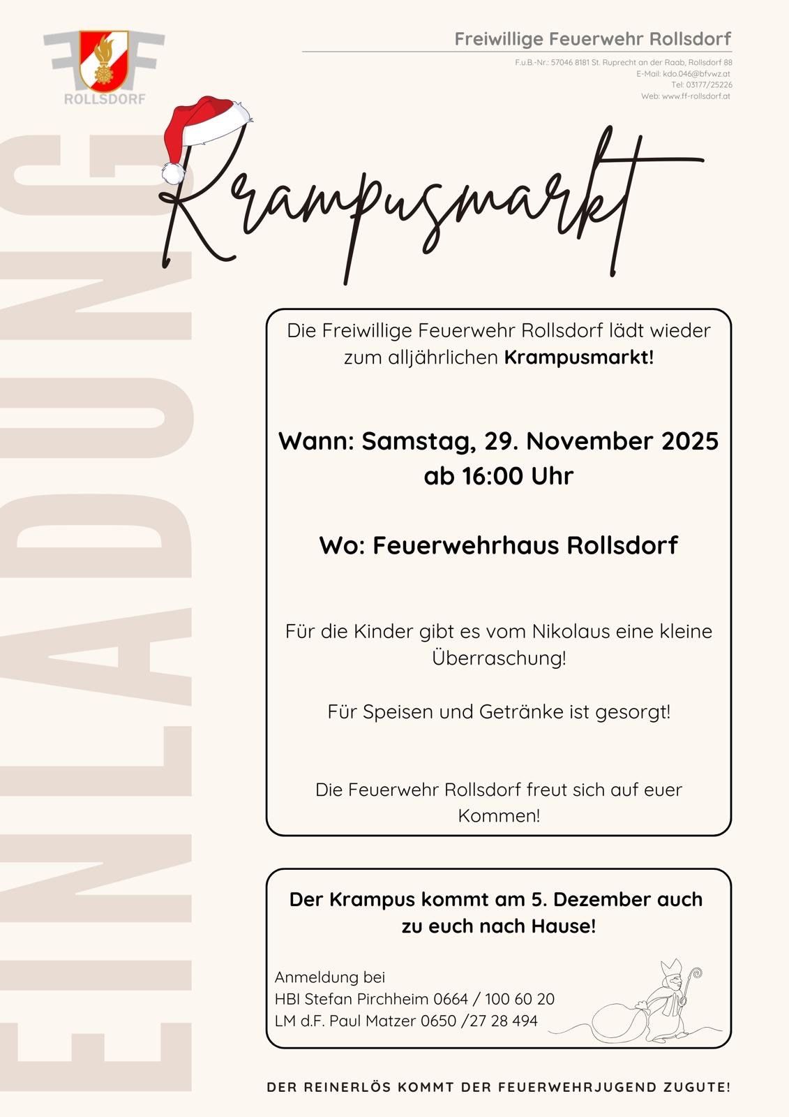 Poster für den Krampusmarkt der Freiwilligen Feuerwehr Rollsdorf. Veranstaltungsdatum: Samstag, 29. November 2025, ab 16:00 Uhr. Ort: Feuerwehrhaus Rollsdorf. Es gibt eine kleine Überraschung von Nikolaus für die Kinder. Für Essen und Getränke ist gesorgt! Krampus kommt am 5. Dezember auch zu euch nach Hause!