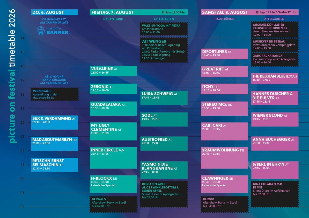 Ein Zeitplan für Veranstaltungen am 7. und 8. August mit verschiedenen Künstlern und Aktivitäten. Der Zeitplan enthält Zeiten und Orte für jede Veranstaltung.