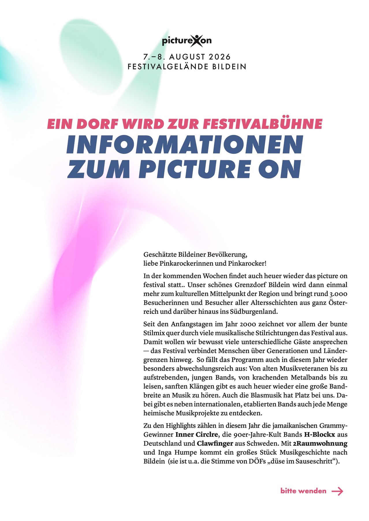 Ein Plakat, das ein Festival in einem Dorf ankündigt, mit einem lebhaften Hintergrund und Text in fetter roter und weißer Schrift. Der Text lautet 'EIN DORF WIRD ZUR FESTIVALBÜHNE' und 'INFORMATIONEN ZUM PICTURE ON'. Das Plakat enthält auch einen deutschen Text, der übersetzt 'Bilder am Festival in den kommenden Wochen. Unser schönes Dorf wird dann ein Festivalzentrum der Region und bringt rund 1.000 Besucher und Besucher aus ganz Österreich und darüber hinaus ins Südburgenland.'