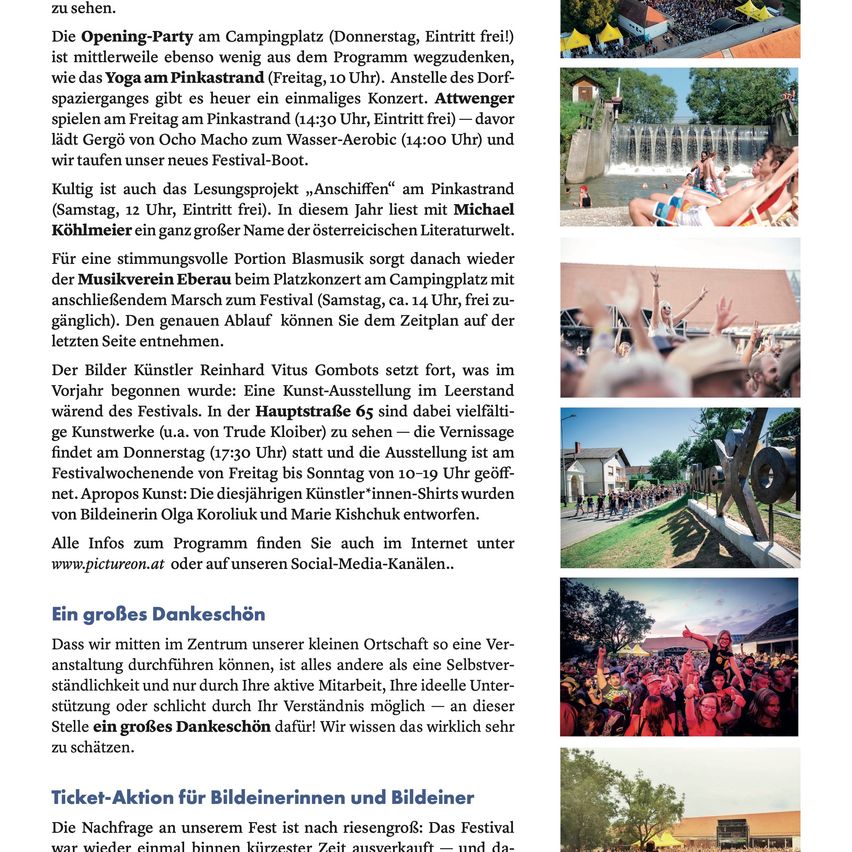 Eine Festivalankündigung enthält Details über eine Eröffnungsparty, Yoga, Konzerte und ein Leseprojekt. Verschiedene Bilder zeigen Festivalaktivitäten, einschließlich eines Konzerts, Yoga und einer Menschenmenge bei einem Festival.