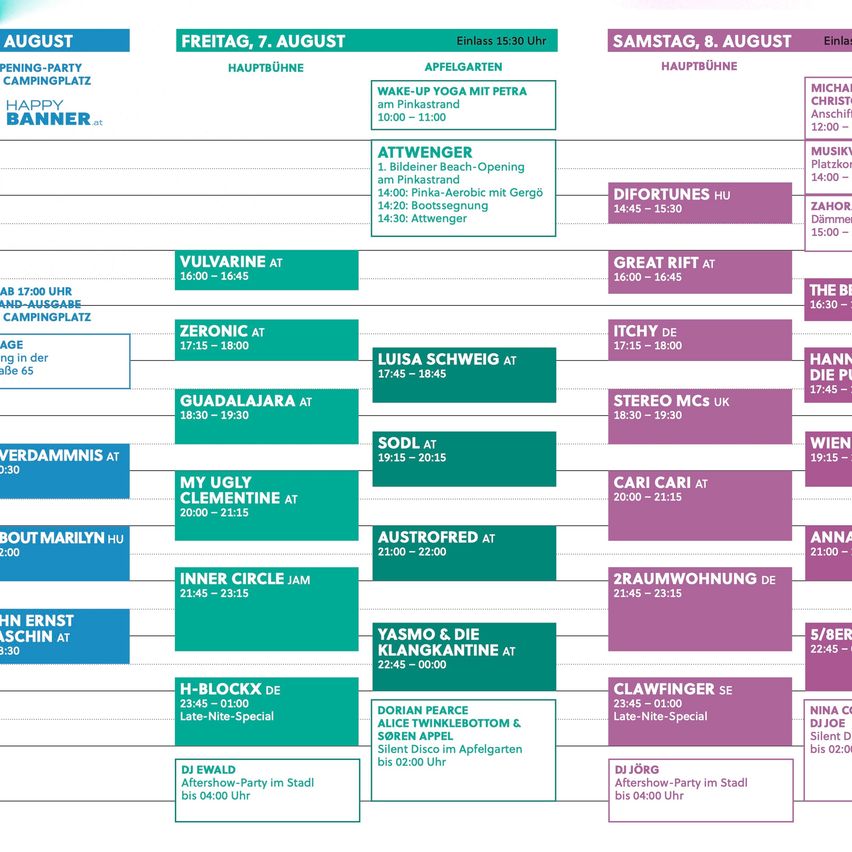 Ein Zeitplan für ein Wochenendereignis mit verschiedenen Aktivitäten und Aufführungen aufgeführt, einschließlich Yoga, Musik und Tanzveranstaltungen. Der Zeitplan ist in zwei Tage unterteilt, Freitag und Samstag, mit spezifischen Zeiten und Orten angegeben.