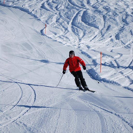 Ein Skifahrer in einem roten Jacke und schwarzen Hosen fährt mit Skistöcken einen verschneiten Hang hinunter.