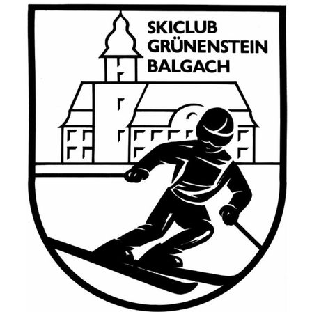 Ein Skiclub-Logo mit einem Skifahrer, der vor einem Gebäude mit einem Turm abfährt. Darüber stehen die Worte 'Skiclub Grünenstein Balgach'.