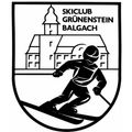 Ein Skiclub-Logo mit einem Skifahrer, der vor einem Gebäude mit einem Turm abfährt. Darüber stehen die Worte 'Skiclub Grünenstein Balgach'.