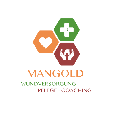 Das Mangold-Logo zeigt ein Hexagon mit einem Kreuzsymbol, einem Herz und einem Haus. Darunter stehen die Worte 'Wundversorgung Pflege-Coaching'.