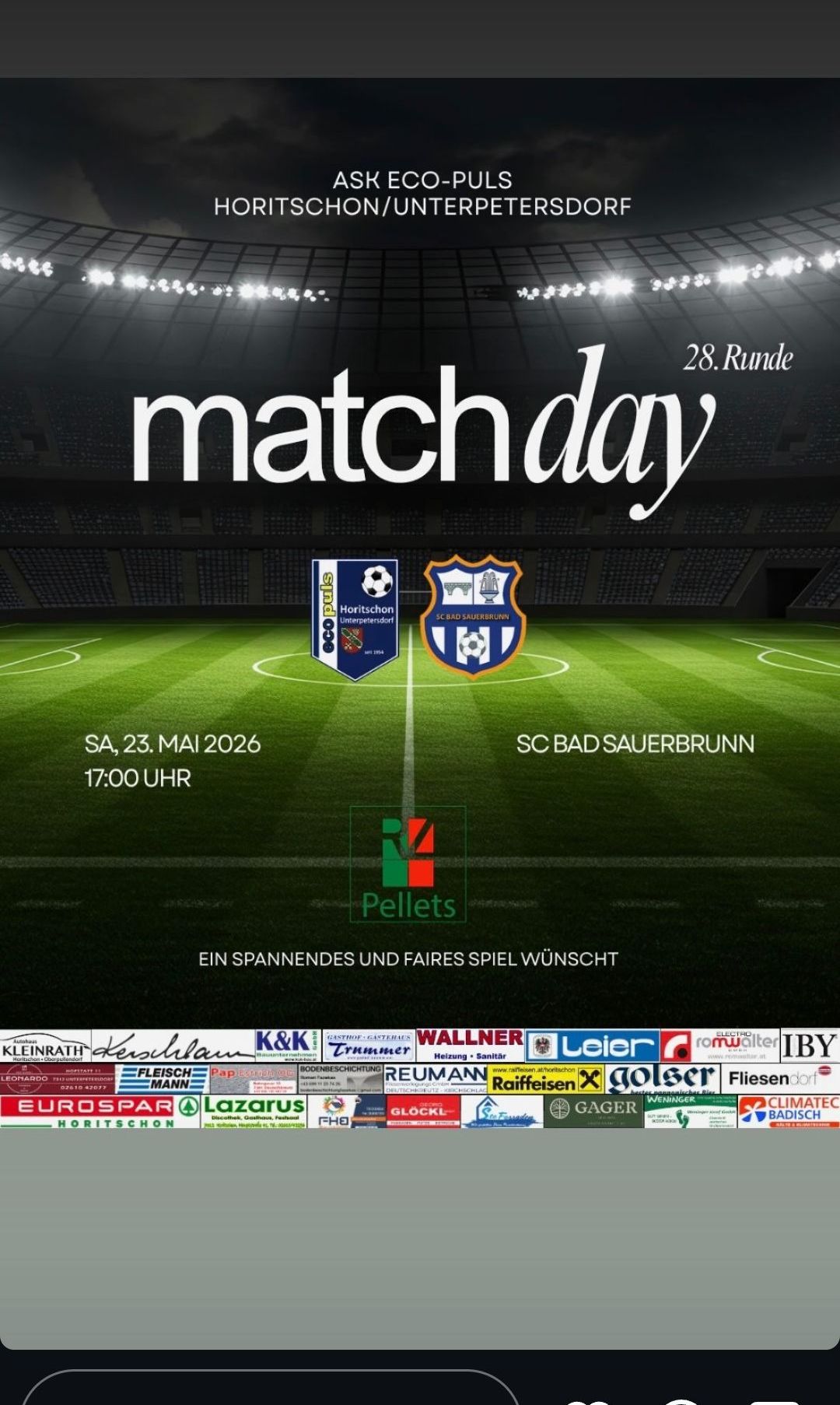 Plakat für einen Fußballspieltag am 23. Mai 2026 um 17:00 Uhr zwischen zwei Teams. Sponsorenlogos sind unten.
