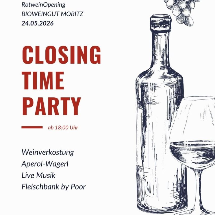Eine Ankündigung für eine Weinverkostung mit Aperol-Wagerl, begleitet von Live-Musik von Fleischbank by Poor, Beginn um 18:00 Uhr am 24.05.2026 im Bioweingut Moritz.