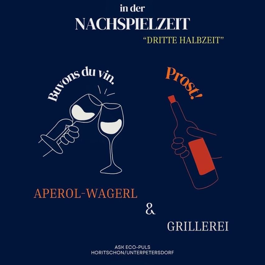 Eine Werbung für eine Sommerparty bei Ask Eco-Puls in Horitschon/Unterpetersdorf, mit zwei Händen, die ein Weinglas mit dem Text 'Buvons du vin' halten, und einer Flasche mit dem Wort 'Prost!'. Die Veranstaltung trägt den Titel 'In der Nachspielzeit Dritte Halbzeit'.