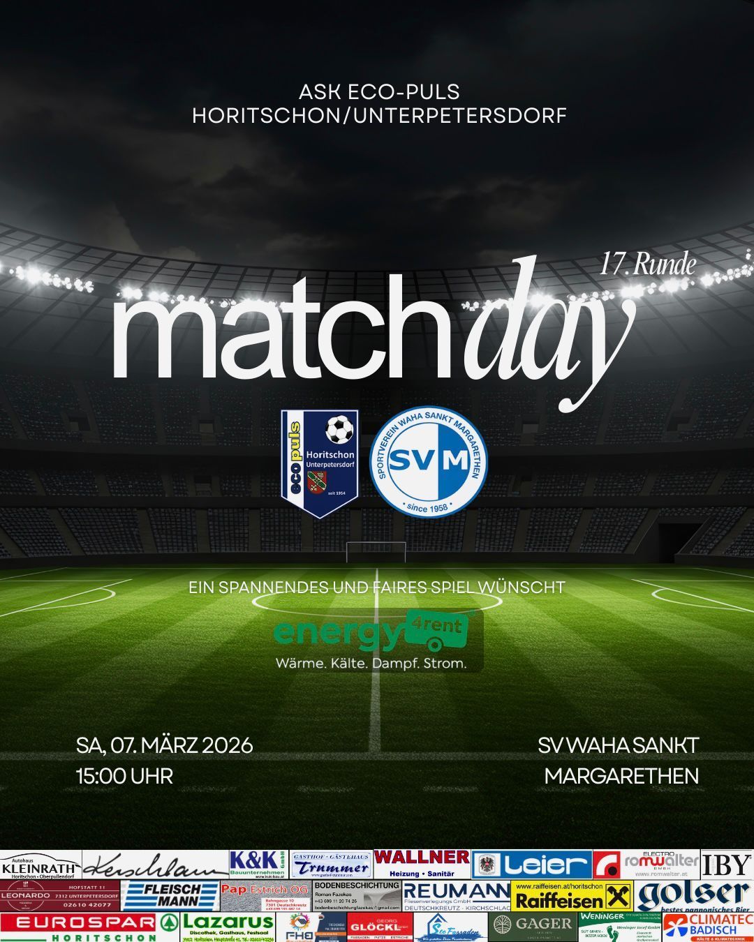 Poster for matchday 17. Features an empty soccer field, teams Horitschon and SV Waha Sankt Margarethen, and the date March 7, 2026, at 3 PM.