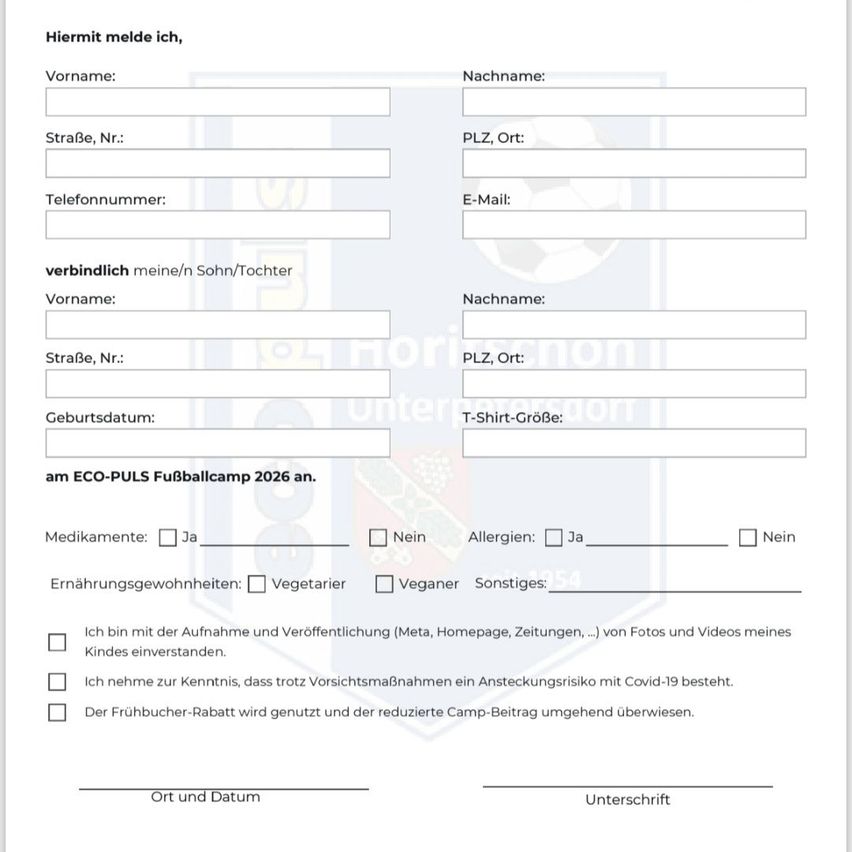 The form is for registration at the ECO-PULS Football Camp 2026. It collects personal information, including name, address, and contact details. Additional sections cover medical information, dietary preferences, and consent for media use. It concludes with a signature line.